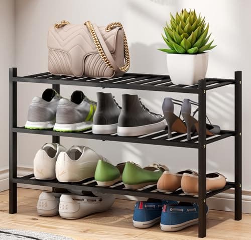 3-Tier Black Bamboo Shoe Rack for Entryway, Stackable | Foldable | Natural, Shoe Shelf Storage Organizer for Hallway Closet, Free Standing Shoe Racks for Indoor Outdoor - Image 1