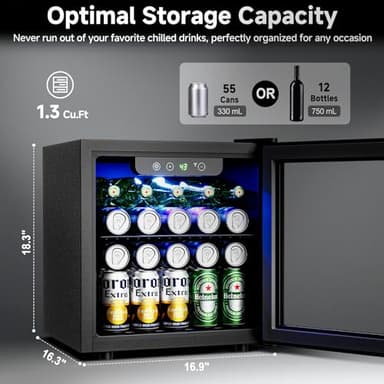 Feelfunn Beverage Refrigerator Cooler - 12 Bottle 50 Can Mini Fridge with Glass Door, Soda Wine Beer Drink Fridge - Small Refrigerator for Office Home Bedroom Dorm Bar, 1.3 Cu.Ft, Black - Image 2