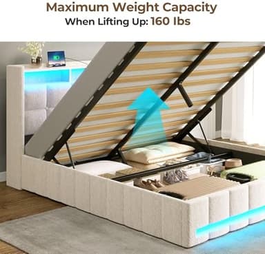 Rolanstar Bed Frame Full Size with Lift Up Storage, Charging Station & LED Lights, Upholstered Storage Headboard, Heavy Duty Wooden Slats, No Box Spring Needed, Noise Free, Easy Assembly, Beige - Image 7