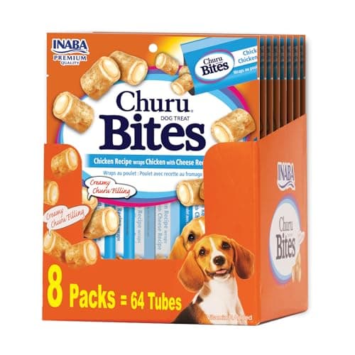 INABA Churu Bites for Dogs, Soft & Chewy Dog Treats, 0.42 Ounces Each Tube, 64 Tubes Total (8 Tubes per Pack), Chicken with Cheese Recipe - Image 1