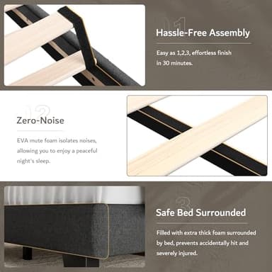 iPormis Queen Platform Bed Frame with Fabric Upholstered Headboard & Thickened Legs, Mattress Foundation w/Solid Wooden Slats Support, Noise Free, No Box Spring Needed, Dark Grey - Image 6