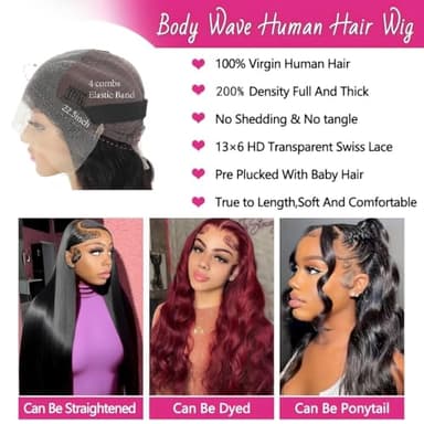 oveflect 34 Inch 13x6 Lace Front Wigs Human Hair 200 Density Body Wave HD Lace Front Wigs Human Hair Pre Plucked Natural Color Glueless Wig 100% Virgin Human Hair Lace Front Wigs for Women - Image 3