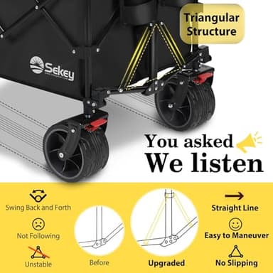 Sekey 48''L Collapsible Foldable Extended Wagon with 440lbs Weight Capacity, Heavy Duty 300L Folding Utility Garden Cart with Big All-Terrain Beach Wheels & Drink Holders. Black - Image 3