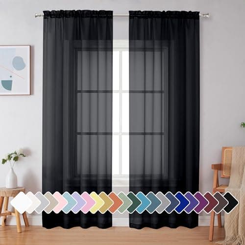 Simplebrand Black Sheer Curtains 90 Inches Long, Light Filtering Rod Pocket Solid Color Window Sheer Curtain Panels, Elegant Curtains & Drapes for Living Room, Bedroom 2 Panels (Black, 42" W x 90" L) - Image 1