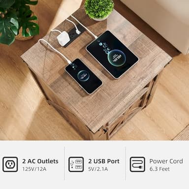 JXQTLINGMU Farmhouse End Table with Charging Station, 18'' Rustic Nightstand with Barn Door & Adjustable Shelf, Wooden Sofa Side Table with 3-Tier Storage for Living Room, Bedroom, Warm Brown - Image 3