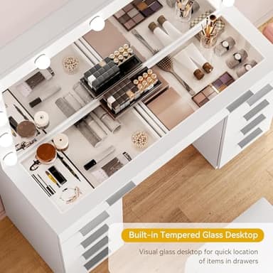 DWVO 46'' Glass Top Makeup Vanity with 10 Drawers, Vanity Desk Set with Large LED Mirror, Built-in Charging Station & Cushioned Storage Chair, Dressing Table with 3-Color Light Modes, Cream White - Image 3