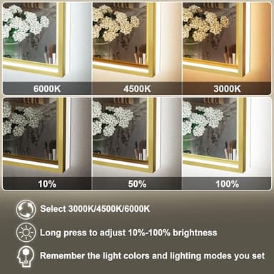 JSneijder 30x36 Inch Gold LED Bathroom Mirror with Front & Back Lights, Adjustable 3000K/4500K/6000K, Wall Mounted Lighted Bathroom Vanity Mirrors, Anti-Fog, Dimmable, Horizontal/Vertical - Image 3