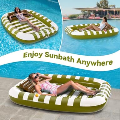 Pool Wave Inflatable Pool Lounger Floats, 80" x 66" Large Tanning Bed for Adult Kids, Outdoor Sun Bathing Floating Blow up Raft W/Pillow, Spray Water Mat, Summer Beach Lake Family Party Gift - Green - Image 8