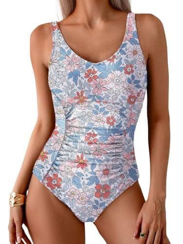 Aidonger One Piece Swimsuit Tummy Control Bathing Suit for Women Ruched Slimming Swim Suit Modest Push Up Swimwear Orange Floral - Image 1