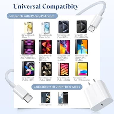 20W USB C Fast Charger Compatible with iPhone 16/16 Plus/ 16 Pro Max/ 15/ iPad Pro, 2Pack PD USB C Charger Block with 6FT Type C to C Cable - Image 5