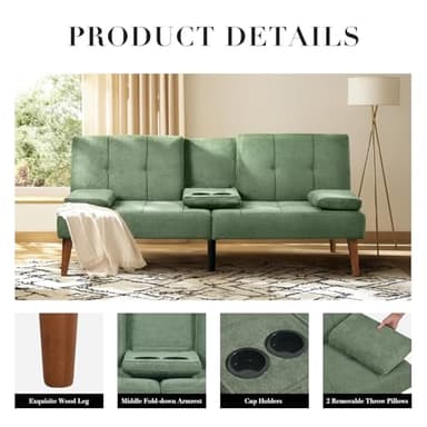 COLAMY Futon Sofa Bed-Fabric Small Couch, Small Lounge Convertible with 2 Cup Holders, Removable Soft Armrest, Adjustable Backrest for Dorm/Bedroom/College - Image 7