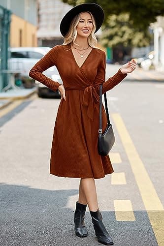 Newshows Womens 2025 Fall Dresses Teacher Church Business Casual Work Outfits Knit Midi Sweater Pockets Belt Dress(Caramel, L) - Image 4