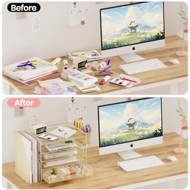 OPNICE Desk Organizers and Accessories, 5-Tier Paper File Organizer with Drawer & Pen Holder, Office Desk Accessories Workspace Desktop Organizer for Office Supplies(Gold) - Image 3