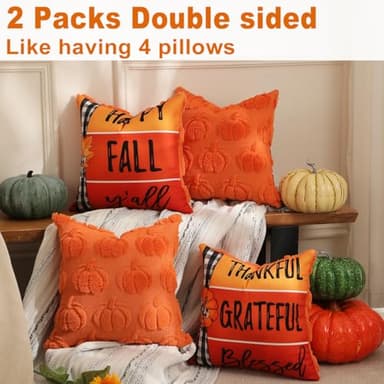 TOYPOPOR Fall Decorations, 2 Packs Double Sided Throw Pillow Covers, Orange Soft Faux Fur Pumpkin Pillow Cases Autumn Harvest Thanksgiving Indoor Outdoor Home Decor for Living Room Porch Couch 20x20 - Image 4