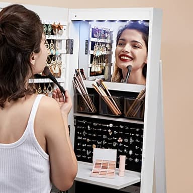 SONGMICS 6 LEDs Lockable Mirror Jewelry Cabinet, 360° Swivel Jewelry Organizer Armoire Standing, Frameless Full-Length Mirror, 3 Storage Shelves, White Surface, Black Lining UJJC007W01 - Image 7