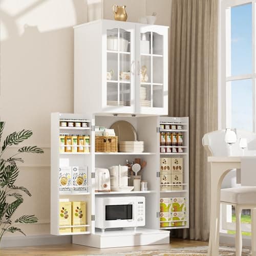 kepptory 64" Kitchen Pantry Cabinet, Pantry Storage Cabinet with Adjustable Shelves, Kitchen Buffet Cupboards Storage Cabinet for Home Office Use (White, 16" D x 24" W x 64" H) - Image 1