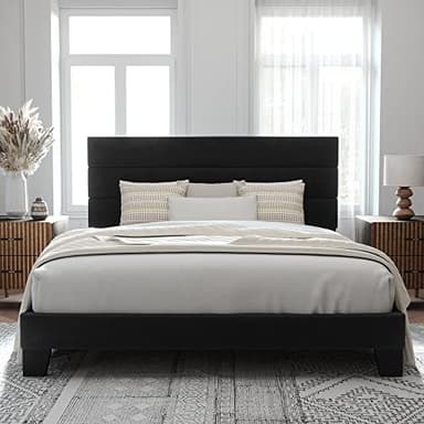 Allewie King Size Platform Bed Frame with Velvet Upholstered Headboard and Wooden Slats Support, Fully Upholstered Mattress Foundation/No Box Spring Needed/Easy Assembly, Black - Image 3