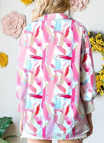 Astylish Women Oversized Button Down Shirts Collar Pretty Lantern Sleeve V-Neck Tops Spring Trendy Blouse Tunic Light Pink Medium - Image 3