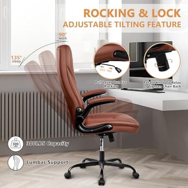 Guessky Big and Tall Office Chair with Flip-Up Arms High Back Desk Leather Office Chair with Lumbar Support, Brown - Image 4
