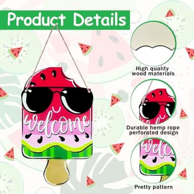 AOCEAN 1 Pcs Summer Watermelon Welcome Sign for Front Door 12 Inch Watermelon Popsicle Door Sign Pink Summer Door Hanger Wood Wreath Porch Decor Seasonal Farmhouse Indoor Wall Hanging Decoration - Image 4