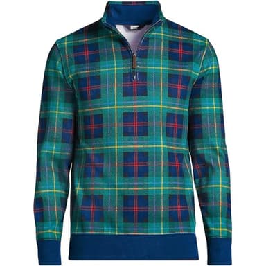 Lands' End Mens Bedford Rib Quarter Zip Sweater Green/Navy/Heritage Red Plaid Regular Medium - Image 5