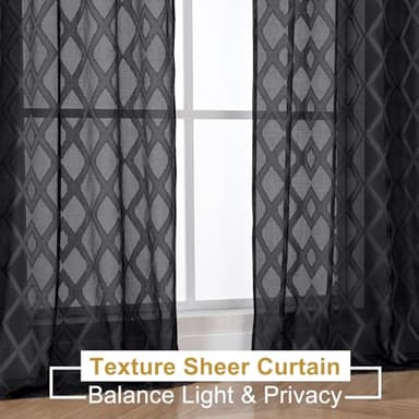 OWENIE Sheer Black Curtains 84 Inches Long 2 Panels Set for Bedroom, Light Filtering Geometric Jacquard Clip Textured Window Curtain, Modern Farmhouse Curtains for Living Room, Total Wide 84" Inch - Image 6