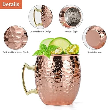 Amrules Moscow Mule Mugs Set of 4, 16 OZ Hammered Copper Cups with 304 Stainless Steel Lining and Gold Brass Handles, for Cold Drinks, Beer, Wine, Bars, Parties - Image 4