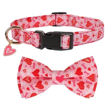 PTDECOR Valentine Dog Collar with Bowtie Adjustable Pink Love Heart Pet Collars Valentine Collars for Medium Dogs Pets (Medium) - Image 1