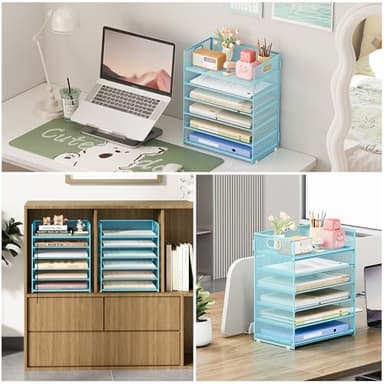 Subekyu 6 Tier Office File Paper Desk Tray Organizer with Handle, Stackable Slide Mesh Letter Tray Folder Blue Desk Organizer, Desktop Document Sorter for Classroom, Office, Home Supplies Storage - Image 4