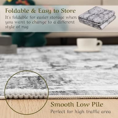 HOMFINE Vintage Design Area Rugs - Machine Washable Rug 6'x9' with Non Slip Rugs for Living Room Bedroom Floral Print Rug Carpet Stain Resistant, Home Decor Office Area Rug, Light Grey - Image 9