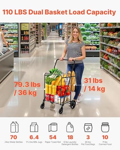 VEVOR Folding Shopping Cart, Jumbo Grocery Utility Cart with Double Baskets, 360° Swivel Wheels, 110 LBS Large Capacity Heavy Duty for Laundry, Shopping, Grocery, Luggage, Black - Image 2