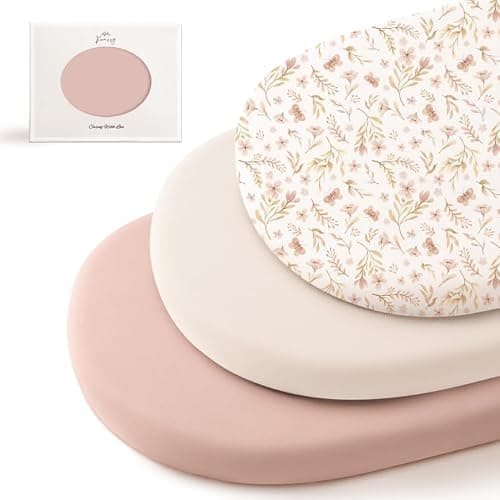 Konssy 3 Pack Stretchy Bassinet Sheets for Baby Girl Boy, Soft Breathable Baby Bassinet Mattress Sheets Fit for Hourglass Oval Cradle, Moses Basket Rectangle Mattress (Pink Spring) - Image 1