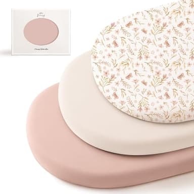 Konssy 3 Pack Stretchy Bassinet Sheets for Baby Girl Boy, Soft Breathable Baby Bassinet Mattress Sheets Fit for Hourglass Oval Cradle, Moses Basket Rectangle Mattress (Pink Spring) - Image 1