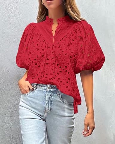 PRETTYGARDEN Women's Summer Tops 2025 Dressy Casual Short Sleeve V Neck Buttons Hollow Out Lace Embroidered Blouses Shirts (Red,XX-Large) - Image 4
