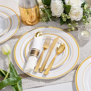 WELLIFE 350-Piece Gold Disposable Plates and Cutlery Set - Premium 10.25" Dinner Plates, 7.5" Dessert Plates, 9oz Cups & Cutlery for Weddings, Catering Events - 50 Guest Service - Elegant & Sturdy - Image 8
