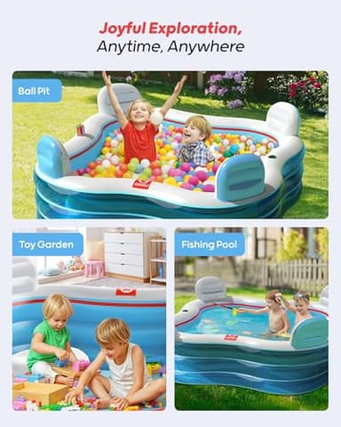 QPAU Inflatable Swimming Pool, Full-Sized Blow Up Pools with Seats and Backrests, Kiddie Pool for Outdoor & Backyard, for Family Summer Time Fun, Jelly Blue - Image 6
