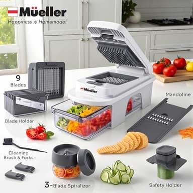 Mueller Pro-Series All-in-One, 12 Blade Mandoline Slicer for Kitchen, Food Chopper, Vegetable Slicer and Spiralizer, Cutter, Dicer, Grater, Kitchen Gadgets Sets with Container, White Sand/Gray - Image 6