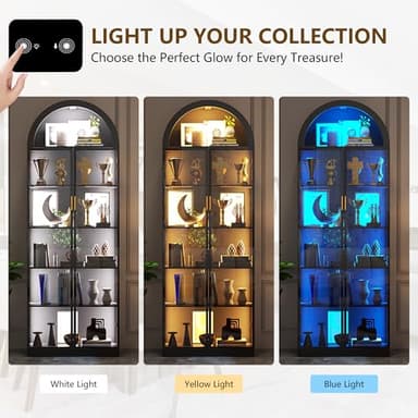 Dystler Display Cabinet with Doors and Adjustable Shelves, 76" Tall Display Case with LED Lights/Arch Storage Space, 6 Tier Bookcase for Collectibles Bedroom Living Room Office, Black - Image 3