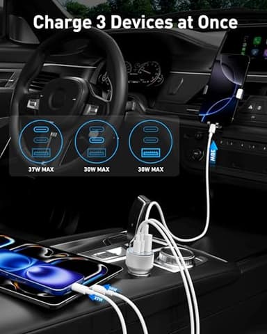 67W for iPhone 17 Air 17 Pro Max Car Charger Fast Charging, 67W 3-Port USB C Car Charger Adapter Cigarette Lighter with 3FT USB-C Cable for iPhone 17/17 Pro/Air/16/15/16 Pro Max/Plus, iPad Pro/Air - Image 3
