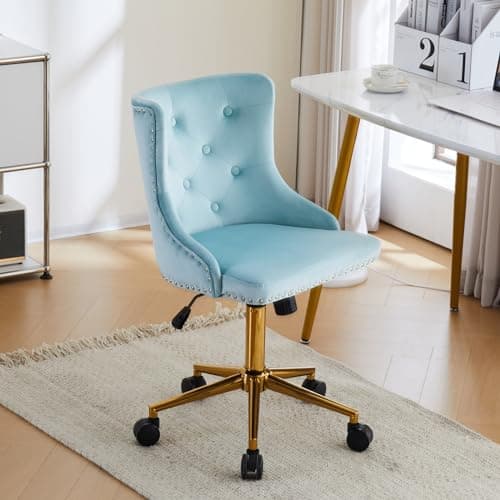 VINGLI Light Blue Armless Home Office Desk Chair with Gold Base/Wheels, Small Cute Vanity/Makeup Chair with Back for Bedroom, Upholstered Adjustable Rolling Swivel Nail Chair for Women/Girls - Image 1