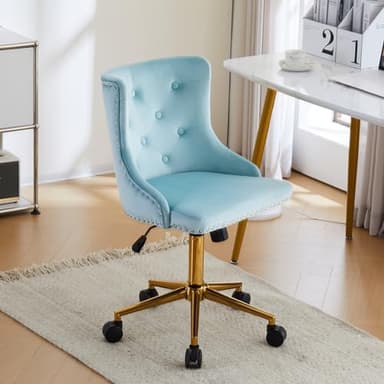 VINGLI Light Blue Armless Home Office Desk Chair with Gold Base/Wheels, Small Cute Vanity/Makeup Chair with Back for Bedroom, Upholstered Adjustable Rolling Swivel Nail Chair for Women/Girls - Image 1
