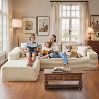 106" Cloud Sectional Couch with Chaise Lounge,L Shaped Modular Modern Sofa,Comfy Corduroy Fluffy Couches with Deep Seat,No Assembly Required Couch for Living Room(Left,Plush Corduroy,Beige) - Image 4