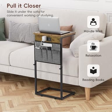 Vagusicc C Shaped End Table with Charging Station, 33" Tall Side Table for Couch, Sofa Table Adjustable Height Small Couch Side C Table, Slide Under Sofa Tray Arm Table for Living Room, Bedroom, Brown - Image 8