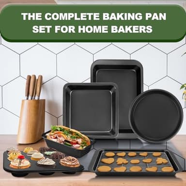 EWFEN Bakeware Sets, Baking Pans Set, Nonstick Oven Pan for Kitchen with Wider Grips, 7-Piece with Round/Square Cake Pan, Loaf Pan, Muffin Pan, Cookie Sheet, Roast Pan, Cooling Rack, Carbon Steel Bake - Image 4