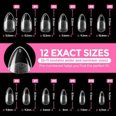 UNA GELLA Almond Nail Tips, 216pcs Pointed Almond Gel Nail Tips Pre-shape Half Matte Full Cover Clear Acrylic Soft Gel Fake Nails for Nail Extension Nail Art 12 Sizes - Image 8