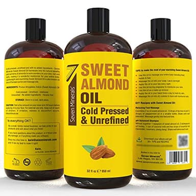 Seven Minerals, Pure Cold Pressed Sweet Almond Oil - Big 32 fl oz Bottle - Unrefined &100% Natural - For Skin & Hair, with No Added Ingredients - Perfect Carrier Oil for Essential Oils - Image 4
