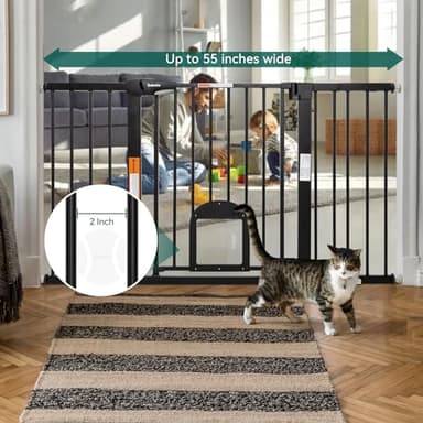 Babelio 31.5-55" Extra Wide Baby Gate with Cat Door, Auto Close Durable Dog Gate Indoor, Pressure Mounted Baby Gates for Stairs, Doorways, Includes 4 Wall Cups and 3 Extension Pieces, Black - Image 2