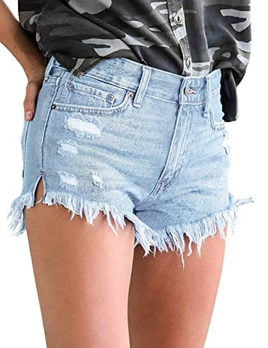luvamia Women's High Waisted Jean Shorts, Frayed Raw Hem Denim Shorts, A1 Powder Blue, Size XL - Image 3