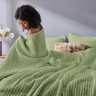 SHALALA Velvet Quilt Queen Size,Vertical Striped Bedding Set,Lightweight Velvet Comforter,Luxurious Cozy Bedspread and Coverlet with Soft Brushed Microfiber(Sage Green,Full/Queen) - Image 4