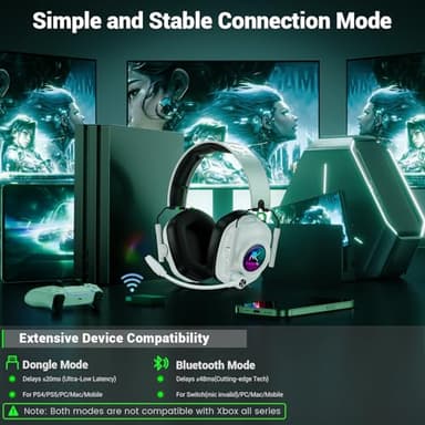 Wireless Gaming Headset with Noise Canceling Microphone for PC, PS5, PS4, Switch, Mac，2.4 GHz Wireless & Bluetooth 5.4 Gaming Headphones, Cool RGB Lighting, 40Hr Battery, 50mm Drivers-White - Image 7